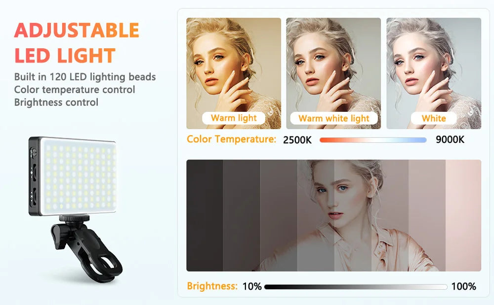 LED Selfie Light Phone Fill Light 120 LED 3000mAh Rechargeable Portable Video Light for Tiktok Vlog Video Conference Selfie